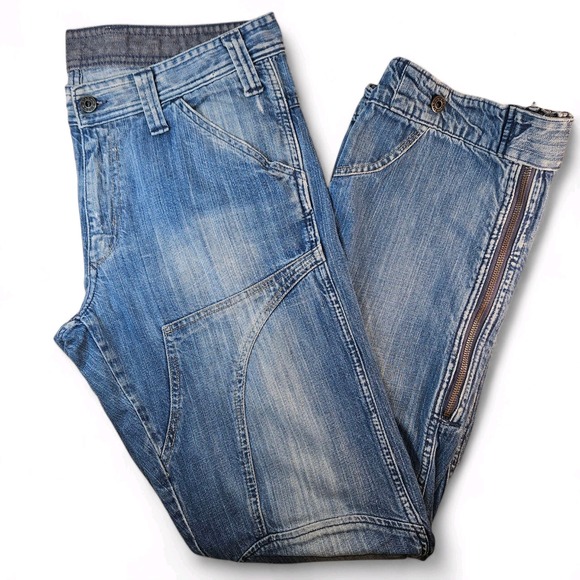 G Star Jeans Size 34 x 34 Low Com Straight Leg Zip Ankle Flap Pockets Distressed - Picture 13 of 13